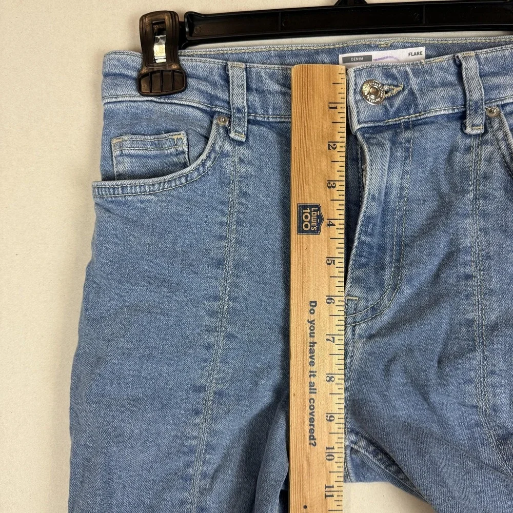 Bershka Flare Jeans Womens 6 Blue Light Wash High Rise Split Hem Stretch Denim
